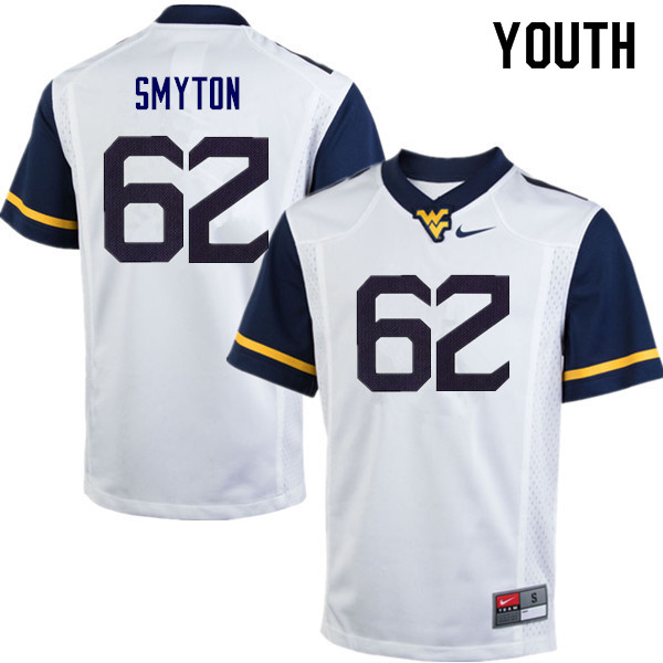 Youth #62 Garrett Smyton West Virginia Mountaineers College Football Jerseys Sale-White - Click Image to Close